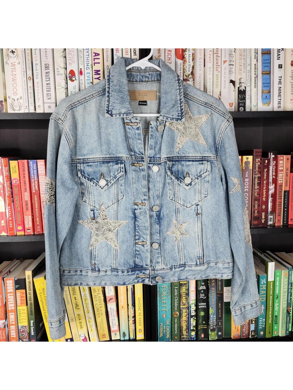 Blank NYC Light Wash Denim Jacket with Star Patches XS